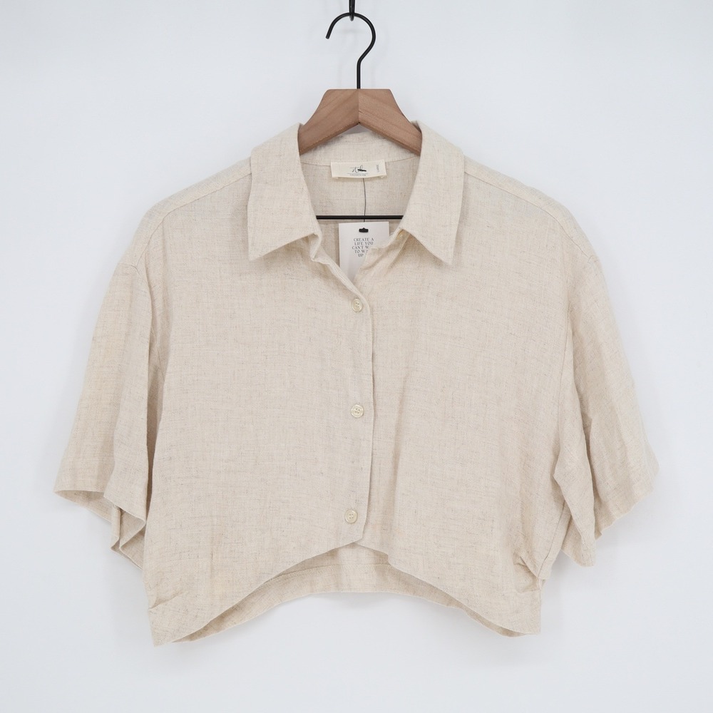 STIL Collection Oatmeal Cotton Linen Cropped Button Down Shirt Large - Picture 2 of 6